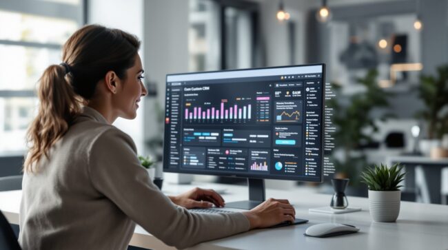 Интерфейс CRM-системы на экране в современном рабочем пространстве