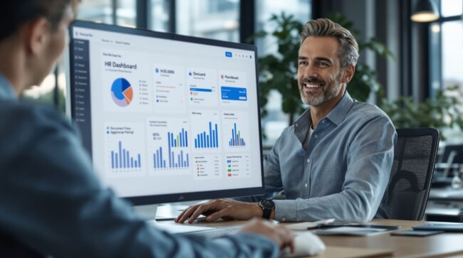 HR-специалист работает с панелью автоматизации HR-процессов в современном офисе